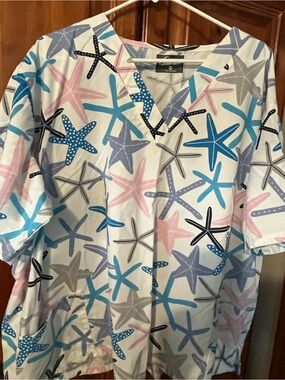 Butter soft Women's V-Neck Tunic Top in White with Blue & Pink Starfish